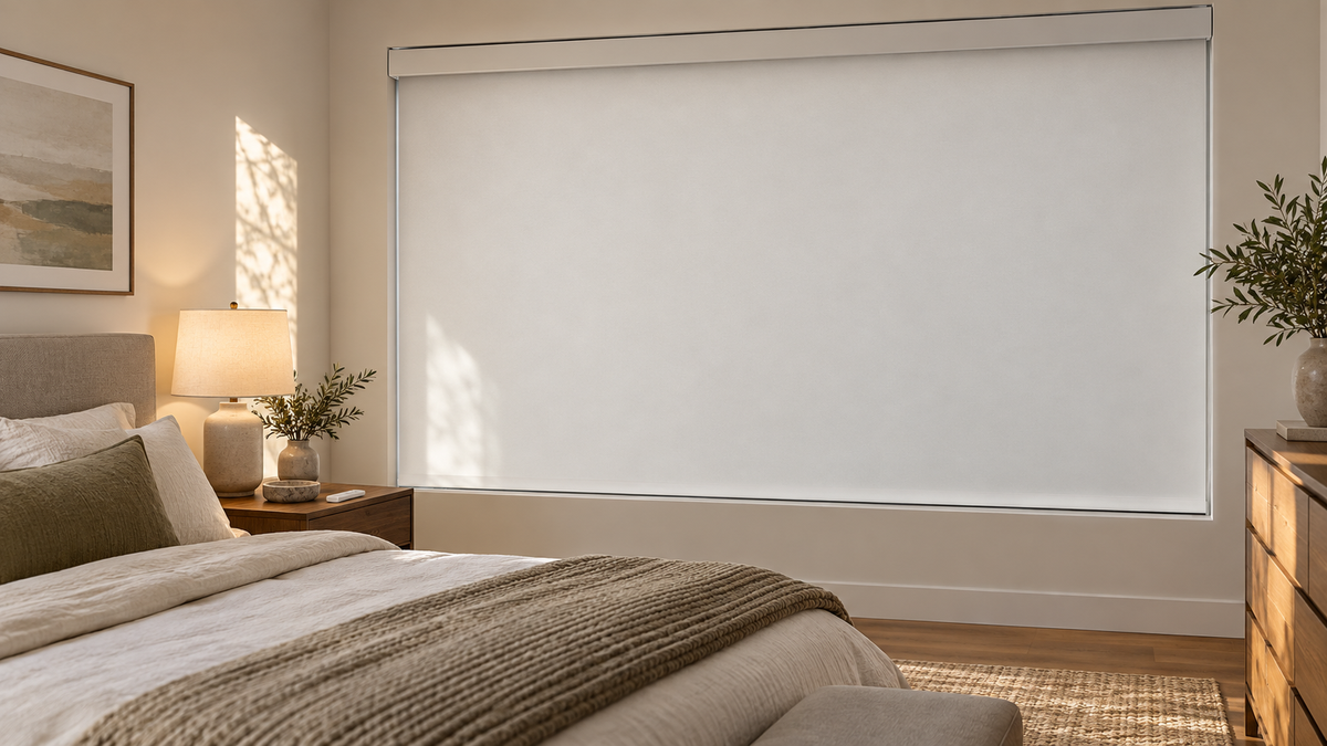 Motorized blackout roller shade with remote in a modern bedroom