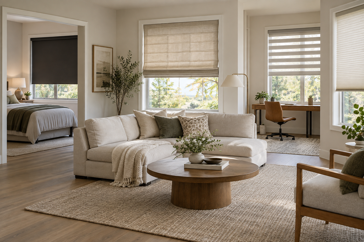 Roller, Roman, zebra and cellular shades in bedroom, living room and home office spaces