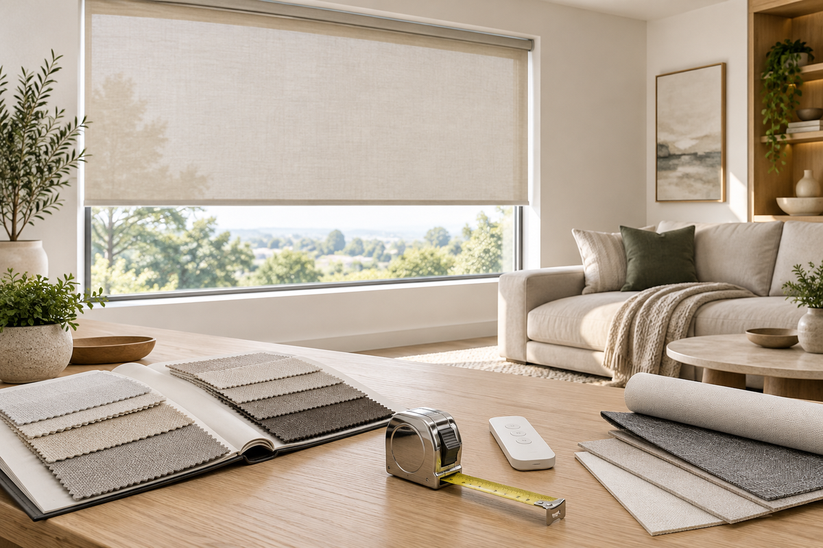 Custom window shade materials, tape measure and remote in a bright living room