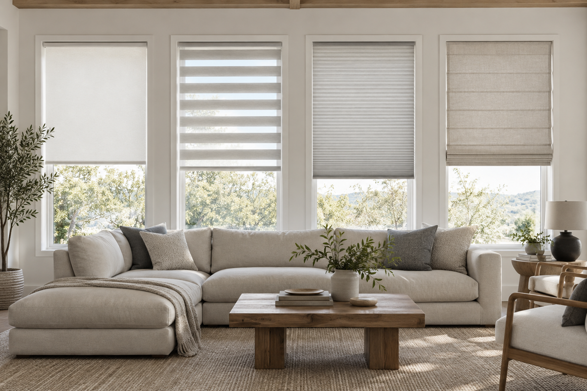 Blackout roller, zebra, cellular and Roman shades compared in a modern room