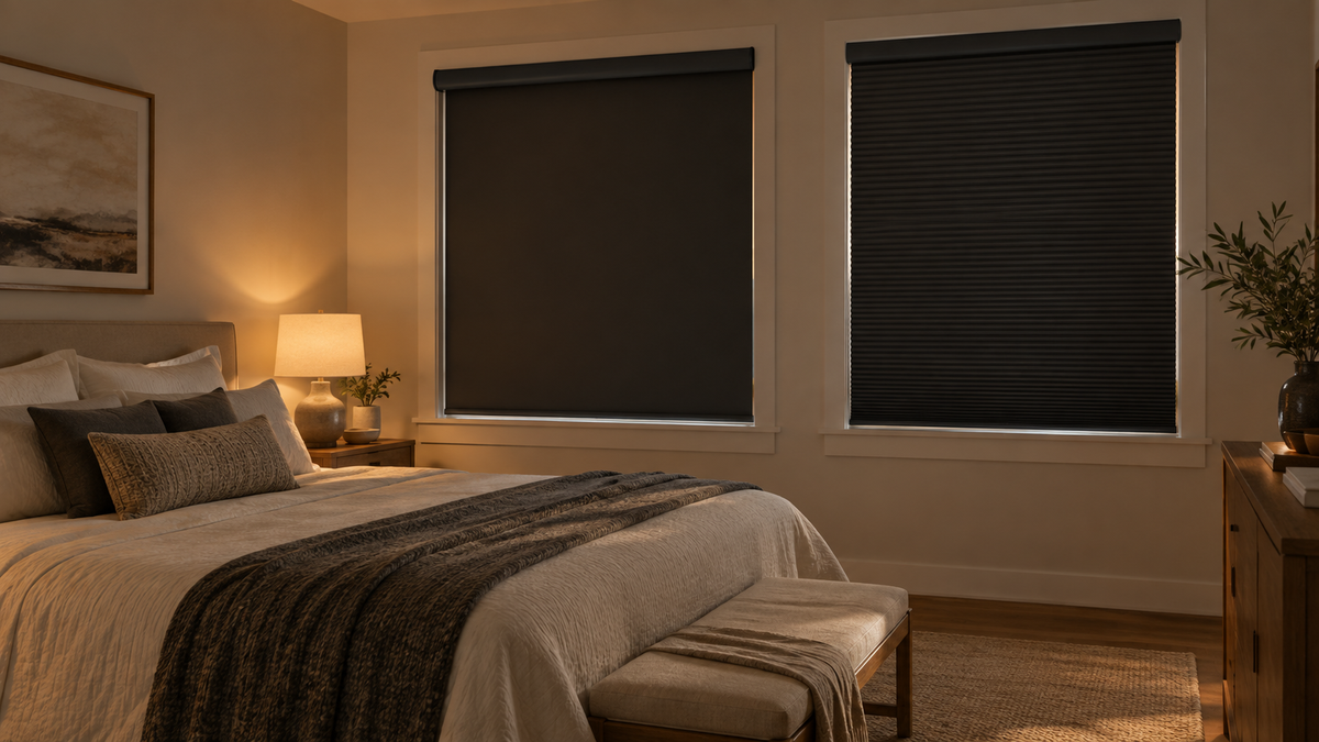 Two full-blackout shades installed on adjacent bedroom windows