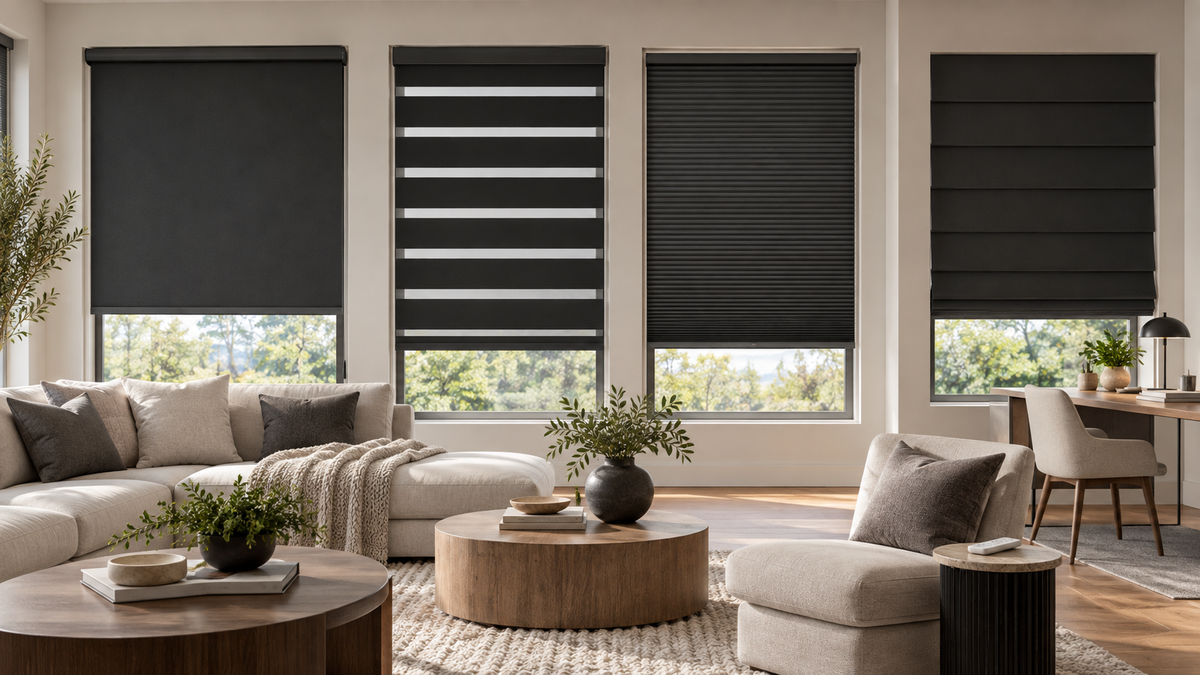 Roller, zebra, cellular and Roman blackout shades in a modern living room