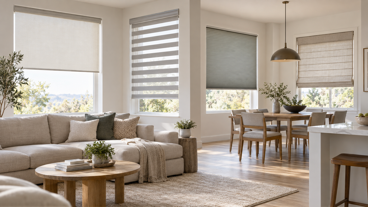 Blackout roller, zebra, cellular and Roman shades in a bright modern home