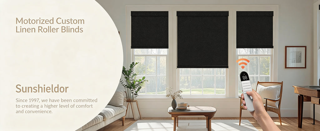Custom Size SunShieldor Motorized Blackout Roller Blinds, Linen Fabric Rechargeable Remote Shades for Home & Office